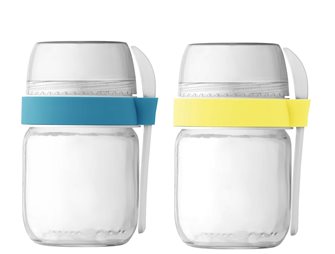2 pots compartimentés à emporter pour yaourtière jaune et bleu