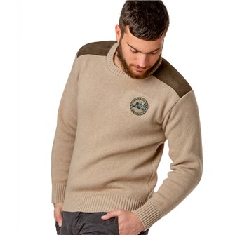 Pull col rond chasse homme jersey 30% laine beige XL Bartavel P60 patch sanglier